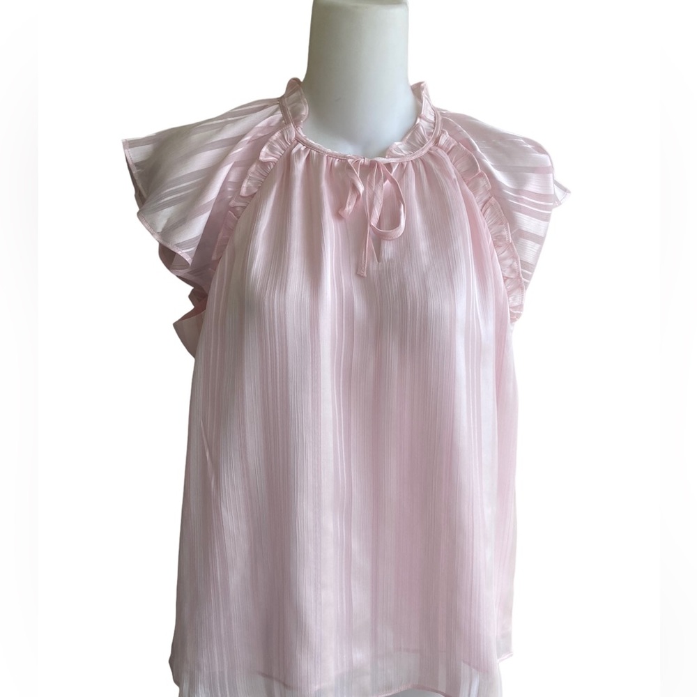 Ann Taylor Factory Pink Striped Sateen Blouse Top SP Ruffle High Neck Petite New